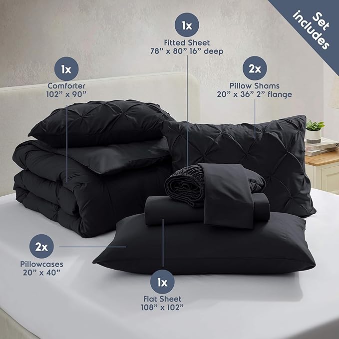 Nestl 7 Piece King Comforter Set - Pinch Pleated Black, All Season King Bed Set with Flat & Fitted Sheets, Pillowcases and Shams
