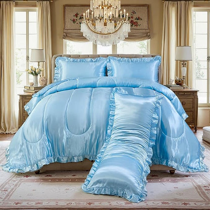 Satin Queen Comforter Silk Like Baby Blue Bedding 4 Pcs Hotel Soft Polyester Bed Set Luxury Silky Body Pillow Cover Ruffle Home Decor