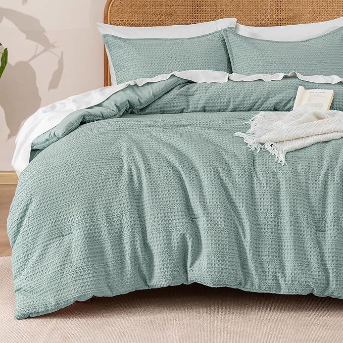 PHF Soft Waffle Comforter Set King Size- Comfy Breathable Waffle Weave Comforter with 2 Pillow Shams, 3 Pieces Less Snagging Lightweight Textured Bedding Set for All Season, Dusty Blue