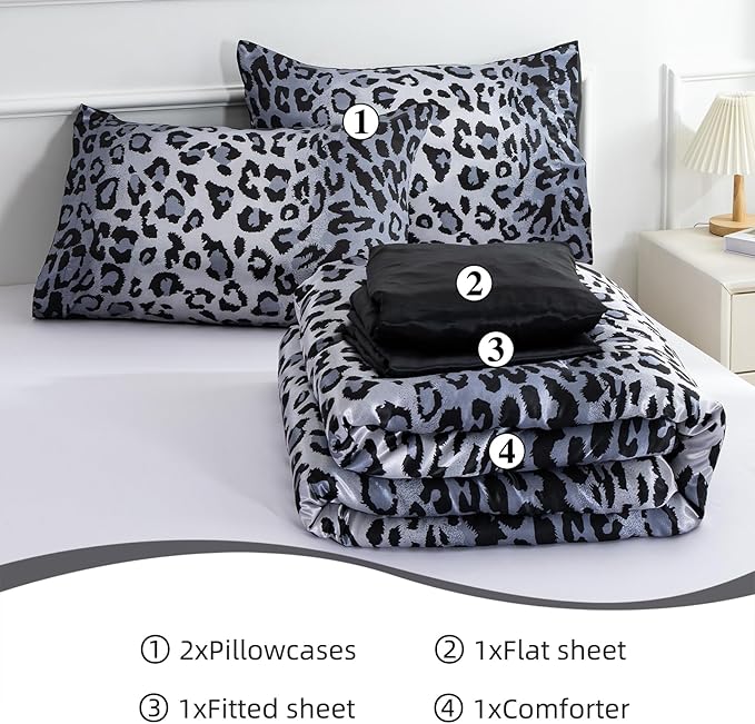 A Nice Night Leopard Printed，Silver Grey Satin Silky Soft Quilt Sexy Luxury Super Soft Microfiber Comforter Quilt Bedding 5PCS Comforter Set, Light Weighted (Silver, Queen(88-by-88-inches))