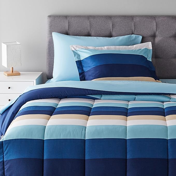Amazon Basics 5-Piece Lightweight Microfiber Comforter Bedding Set with Sheet, Twin XL, Blue Stripe, Bed-in-a-Bag