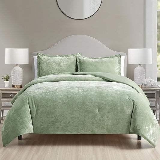 Luxury Velvet King Size Comforter Set, 3 Pieces Reversible Brushed Solid Microfiber Back, All Season Cozy, Soft, Warm (Sage Green,104x90 in)