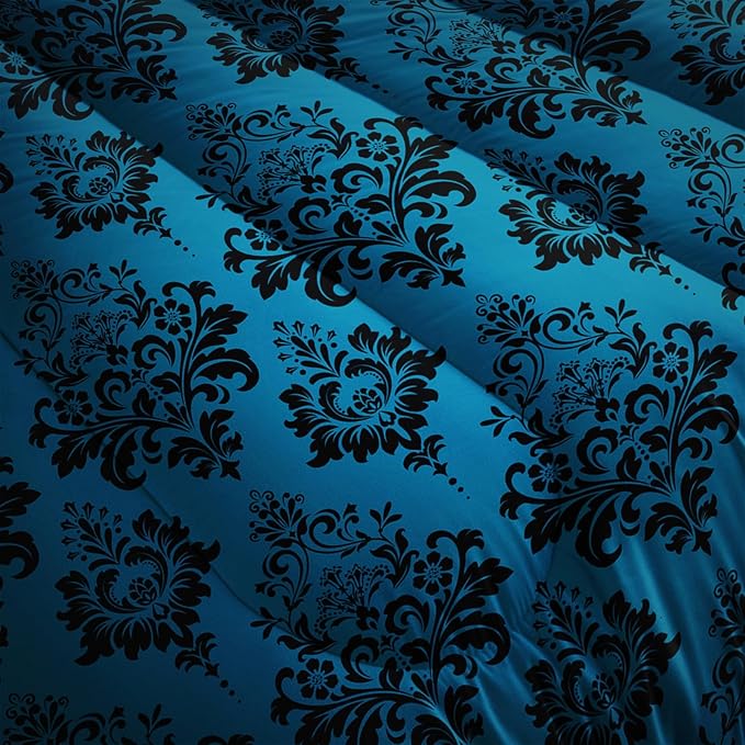Blue Gothic Floral Print Comforter Set King Size,Vintage Damask Floral Bedding Set,Bohemian Exotic Printed Quilted Set for Teens Adult,with 1 Comforter and 2 Pillow Case