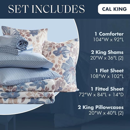 Madison Park Essentials Cal King Comforter Set & Sheets, Floral Bed in A Bag Microfiber Comforter for Cal King-Size Bed, Shabby Chic Cal King Bedding Diamond Print Sheet, Luna, Cal King, Blue 7 Piece