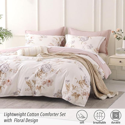 Vintage Natural Cotton Comforter King Size 3Pcs - Brown & Lilac Gray Branches and Soft Blush Flowers on Off-White, Lightweight Reversible Floral Bedding Sets(King,104"×90")