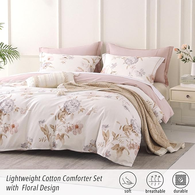 Vintage Natural Cotton Comforter Queen Size 3Pcs - Brown & Lilac Gray Branches and Soft Blush Flowers on Off-White, Lightweight Reversible Floral Bedding Sets(Full/Queen,90"×90")