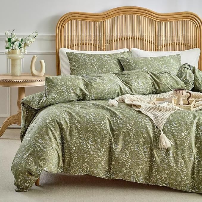 MKXI Vintage Style Comforter Set Full Size Wildflower Comforter Set Floral Bedding Set Green Floral Duvet Comforter Microfiber Bed Set Soft Reversible Farmhouse Comforter Army Green