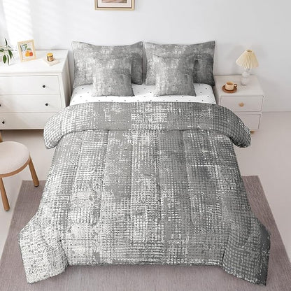 Erosebridal Gray Oil Painting Bedding Twin Size 7 Pieces Modern Contemporary Art Comforter Set with Flat Sheet and Fitted Sheet, Grey Ombre Bed in a Bag Watercolor Bedding Comforter Sets