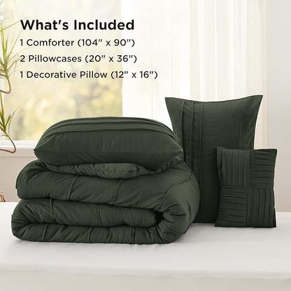Bedsure King Comforter Set - 4 Pieces Pinch Pleat Bed Set, Olive Green Boho Bedding for All Season, 1 Soft Comforter, 2 Pillowcases, 1 Decorative Pillow