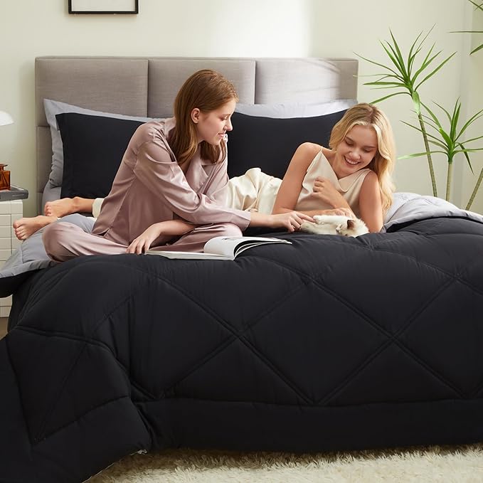 Joiedomi California King Comforter Set with Sheets Black, 7 Pieces Bedding Set with 1 Down Alternative Comforter, 1 Flat Sheet, 1 Fitted Sheet, 2 Pillowcases and 2 Pillow Shams, Bed in a Bag