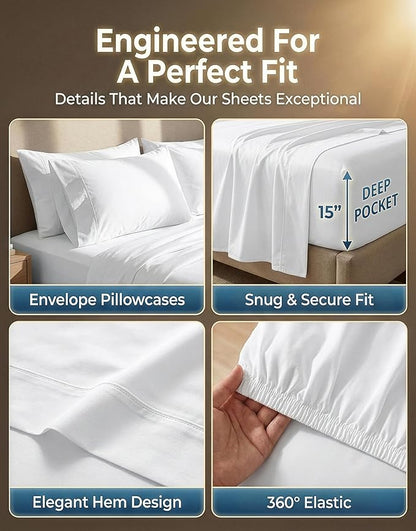 LANE LINEN Queen Sheet Set - 600 Thread Count Premium Soft Long Staple 100% Cotton Sheets, Hotel Luxury Sateen Silky Finish, Snug Fit 15" Deep Pocket, Low Pill, Machine Washable - White Sheets