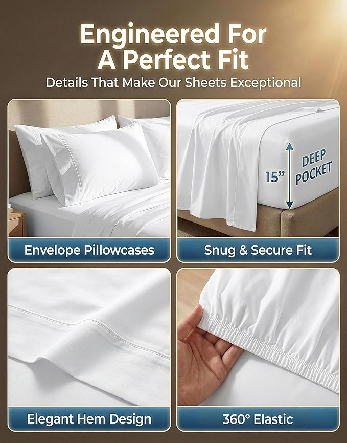 LANE LINEN 600 Thread Count 100% Cotton Cal King Sheet Set, Soft & Confy Hotel Style Thick White Cal King, Mercerized Cotton for Silky Finish, Fully Elasticized Fitted Sheet Luxury - White