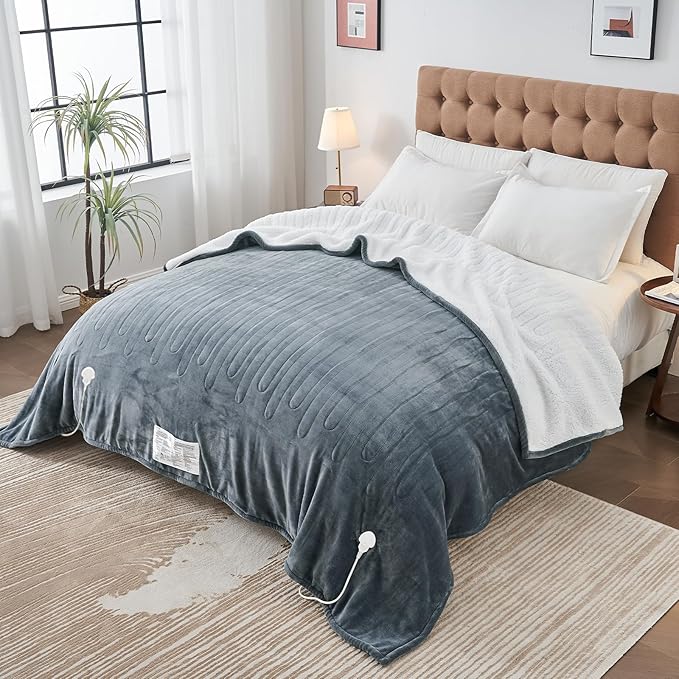 greenoak Heated Blanket Electric Queen Size 84"X90" Dual Control, Heating Blanket with 10 Heat Levels 1/2/4/6/8 Hours Auto-Off Overheat Protection, Soft Sherpa Warm Blanket, ETL Certified