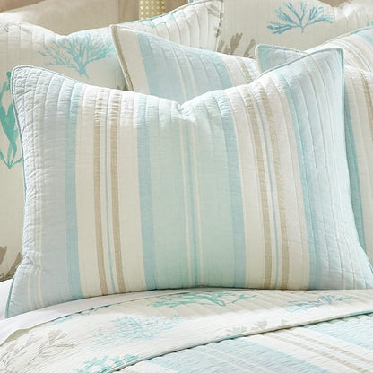 Levtex Home - Stone Harbor Full/Queen Quilt - Striped Coastal - Light Blue, Taupe, & Cream - Quilt Set Size 88x92in. and Two Shams Size 20x26 - Reversible - Cotton Fabric