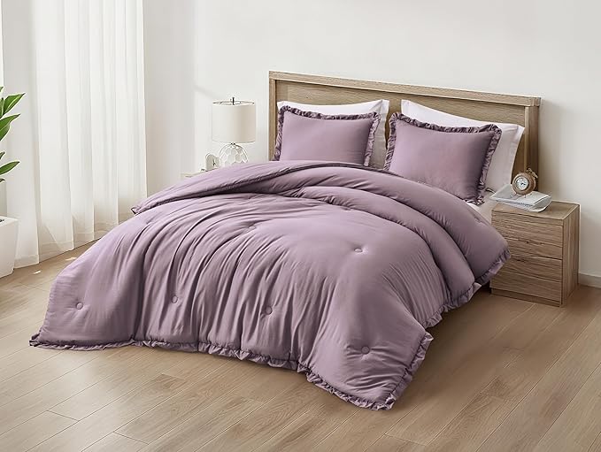 Chezmoi Collection Nora Mauve Comforter Set Queen Size 3-Piece Lightweight Fluffy Soft Stone-Washed Ruffled Shabby Chic Bedding for All Season