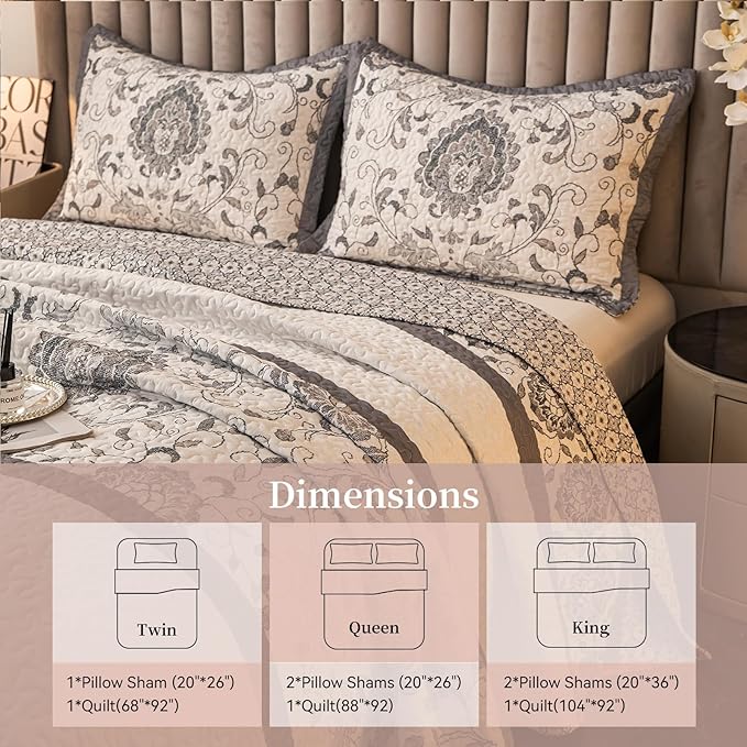 Nordic Style Twin Size Comforter Quilt Sets -2 Pieces Red Quilts 100% Cotton(1Quilt,1 Pillow Shams) with Reversible Bedspreads Bohemian Patchwork Bedding Set Sleep Companion(Grey)