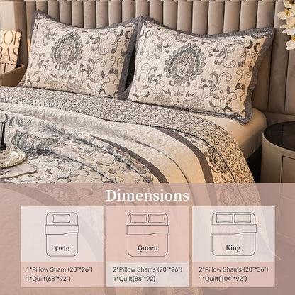 Nordic Style Twin Size Comforter Quilt Sets -2 Pieces Red Quilts 100% Cotton(1Quilt,1 Pillow Shams) with Reversible Bedspreads Bohemian Patchwork Bedding Set Sleep Companion(Grey)