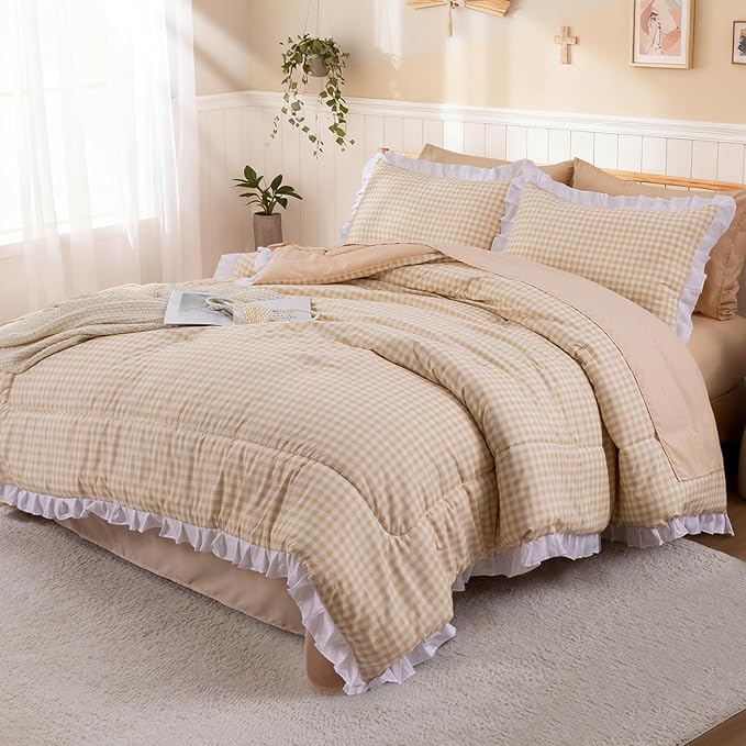 A Nice Night Comforter Set Full, 5 Pieces Lightweight Soft Rustic Khaki Ruffle Comforter, Plaid Checkered Chic Bedding Set with Pillow Shams