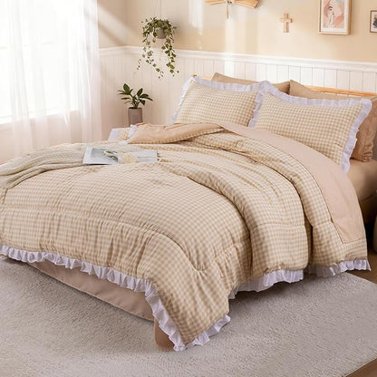 A Nice Night Comforter Twin Size,Khaki Ruffle Comforter for Dorm Room Essentials for Twin Bed,Plaid Checkered Chic Bedding Bed in a Bag for Girls