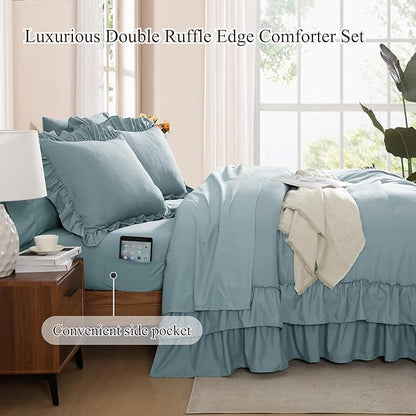 King Size Comforter Set Dusty Blue, Ruffle Shabby Chic Bedding Set Farmhouse 7 Pieces, All Season Fluffy Bed in a Bag with Sheets, Pillowcases & Shams