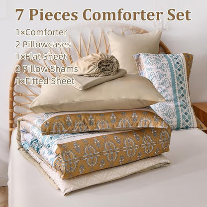 WONGS BEDDING Boho Comforter Set King, 7 Pieces Beige Striped Bed in a Bag Comforter and Sheet Set, Bohemian Floral Striped Comforte Bedding Set,Soft Microfiber Complete Set for All Seasons 104" x 90"