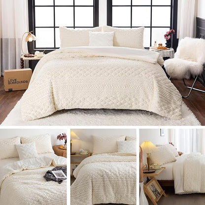 COTTEBED Reversible Sherpa Fluffy Comforter Queen Set, Boho Tufted Full Size Bedding Down Comforter Bed Set, Ultra-Soft Lightweight Washed Cotton Shabby Plush Fleece Sherpa All Season, Off White Ivory