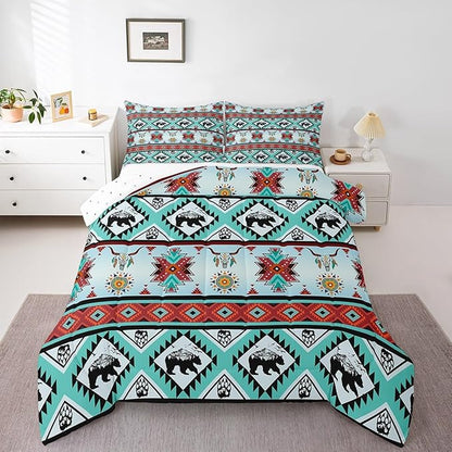 Erosebridal Black Bear Bedding Sets Exotic Bull Skull Western Comforter Set King,Ethnic Tribe Arrow Aztec Quilt Tribal Geometric Diamond Duvet Insert,Woodland Animals Boho Western Decor,Red Teal