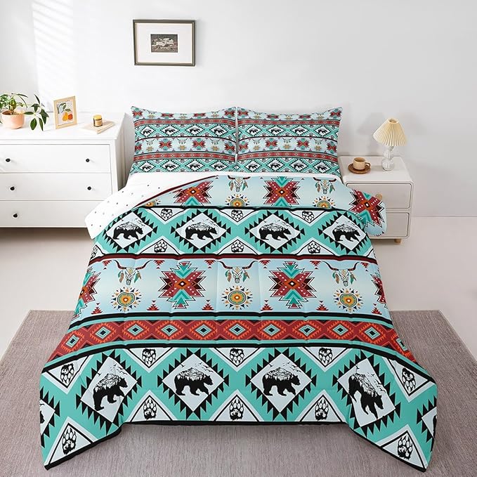 Erosebridal Black Bear Bedding Sets Exotic Bull Skull Western Comforter Set Twin,Ethnic Tribe Arrow Aztec Quilt Indian Tribal Geometric Diamond Triangle Duvet Insert,Bohemian Western Decor,Red Teal