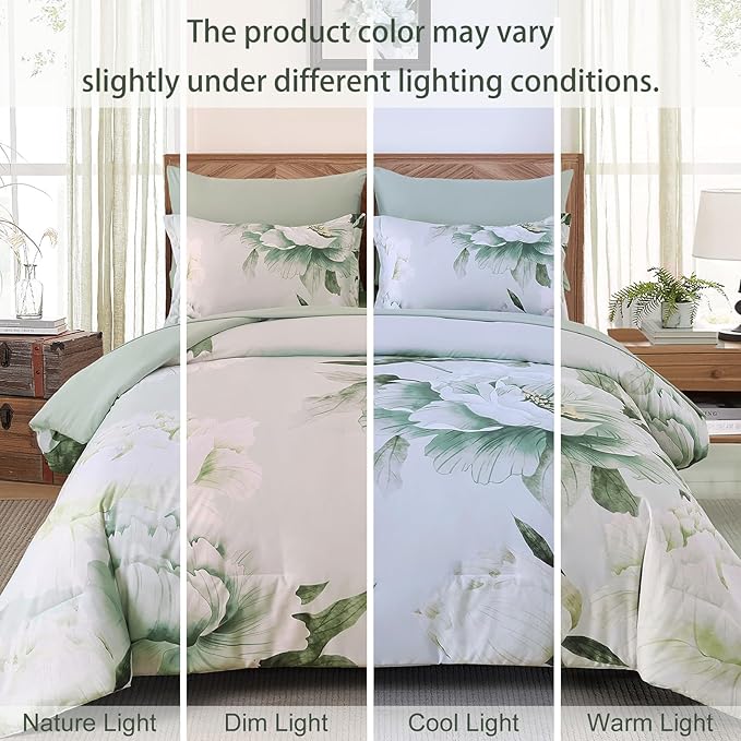 Dobuyly Floral King Size Comforter Set 7 Piece Bed in a Bag, Sage Green Reversible Comforter Set with Sheets, Soft Microfiber Botanical Flowers Summer Bedding Set for All Season