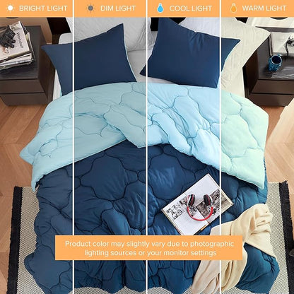 Comfort Spaces Queen Comforter Set Vibrant Reversible Comforters Queen Size Quilted Bedding Set, All Season Lightweight Bedding, Soft Microfiber Comforter, Vixie, Navy/Light Blue Full/Queen 3 Piece