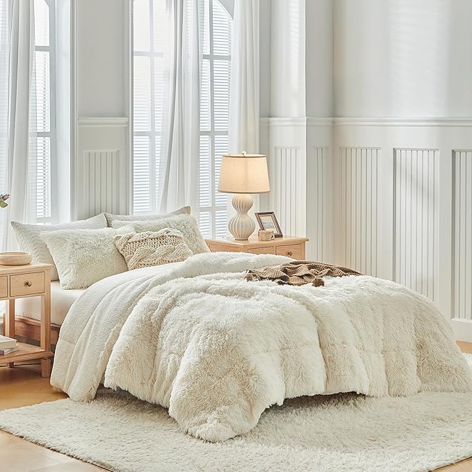 Faux Fur Shaggy Comforter Set Queen 3 Pieces - 1 Cream White Comforter Set with Sherpa and 2 Pillowcases, Ultra Soft and Easy Care Luxury Plush Shaggy Super Soft and Warm Beige Duvet Set