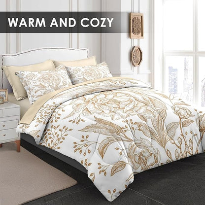 Comforter Set Queen Size, Rose Gold Floral Vintage 7 Pcs Bedding for Kids and Adults, Flower Leaves Retro Bed Sheet Sets with Fitted Sheet 2 Pillowcases & 2 Shams for Bedroom Bed Decor