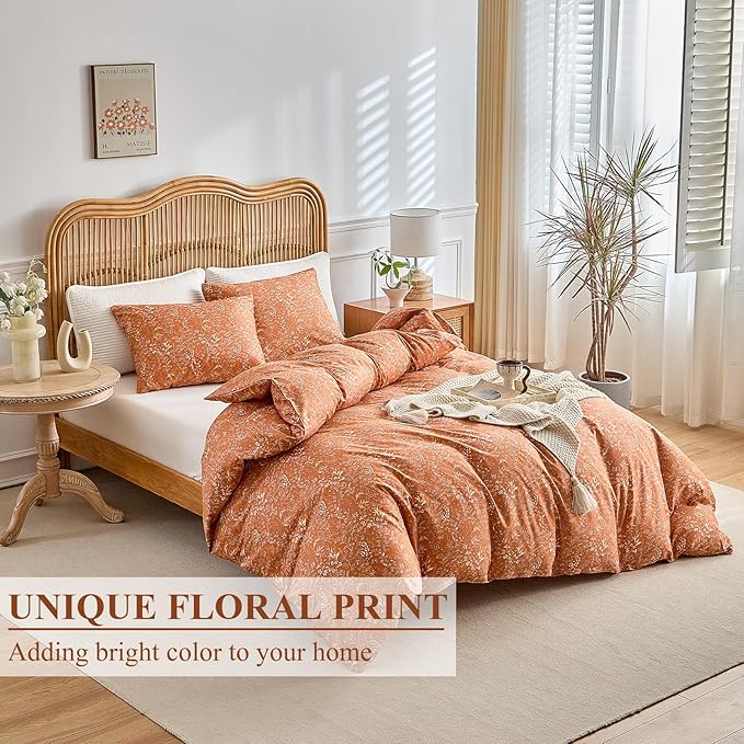 AMWAN Burnt Orange Comforter Set Full 3 Piece, Botanical Bedding Set 1 Comforter with 2 Pillowcases, All Seasons Floral Warm Fluffy Bed Set Boho