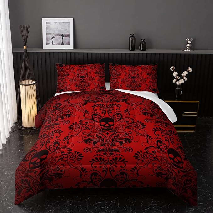 Adults Red Gothic Comforter Set Queen Size,Vintage Damask Floral Bedding Set 3Pcs,Bohemia Bedding Set Goth Skull Printed Quilted Set for Teens Adult with 1 Comforter and 2 Pillowcase