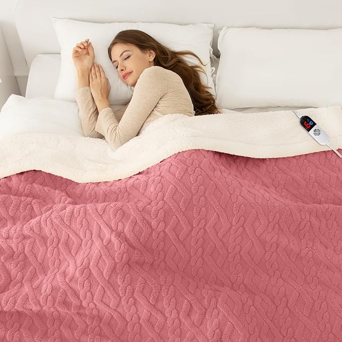 Full Size Electric Blanket 72"X84" Pink - Soft Thick Warm Sherpa Heated Blanket for Winter with 6 Fast Heating Levels & 10hrs LED Timer Auto Off for Women, Washable & ETL Certified for Bed