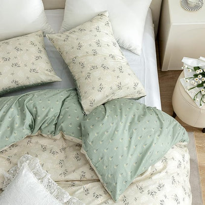 Floral Queen Comforter Set Soft Cute Floral Bedding Comforter Sets Garden Style Green Flower Print Botanical Flowers Queen Comforter Set for All Seasons 1 Comforter and 2 Pillowcases
