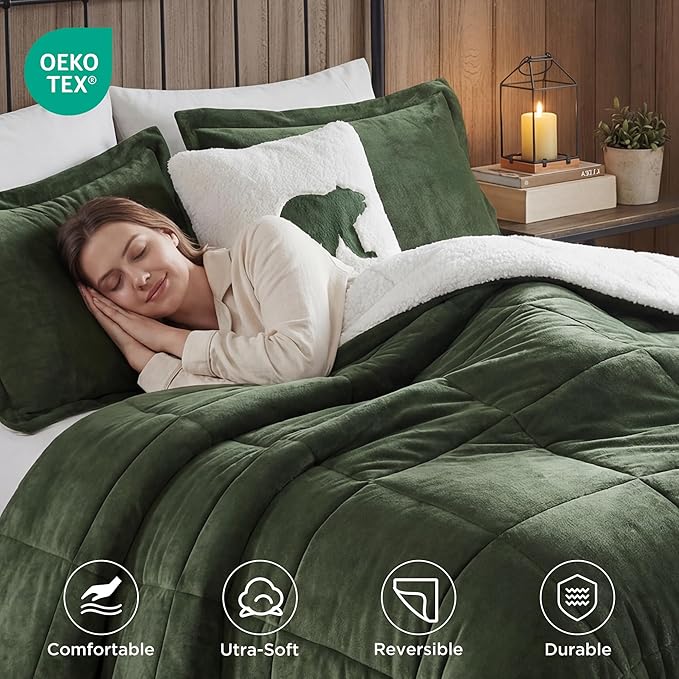 Woolrich Reversible Comforter Set Ultra Soft Plush to Sherpa, Down Alternative, Cold Weather Winter Warm Bedding, with Matching Sham, Decorative Pillow Green/Ivory King 4 Piece