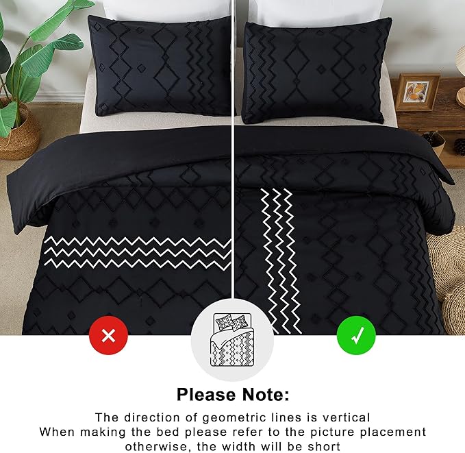 Andency Black Boho Tufted Comforter Set California King, 3 Pieces Textured Farmhouse Bed, Soft Microfiber Down Alternative Geometric Comforter Bedding Set (104x96Inch)