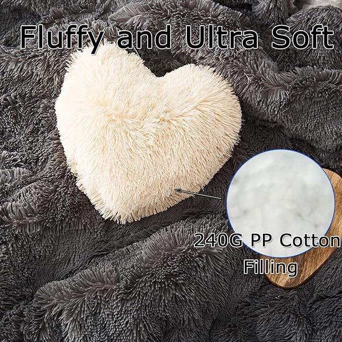MorroMorn Fluffy Heart Throw Pillows, Shaggy Decorative Pillow for Sofa Couch Bed, Cute Room Decor Decorations for Women Girls Kids (Khaki)