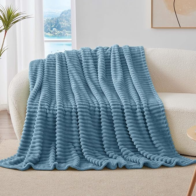 BEDELITE Fleece Throw Blanket for Couch - 300GSM Soft & Warm Fluffy Light Blue Blanket, Decorative and Giftable Striped Blankets for Women, Men, 50"x60"