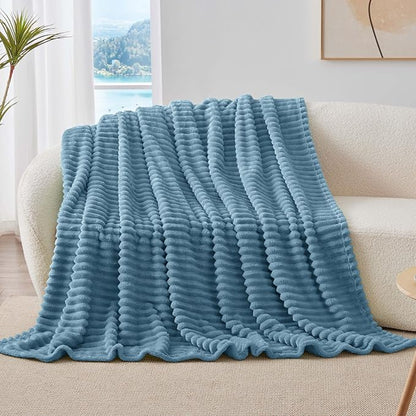 BEDELITE Fleece Throw Blanket for Couch - 300GSM Soft & Warm Fluffy Light Blue Blanket, Decorative and Giftable Striped Blankets for Women, Men, 50"x60"
