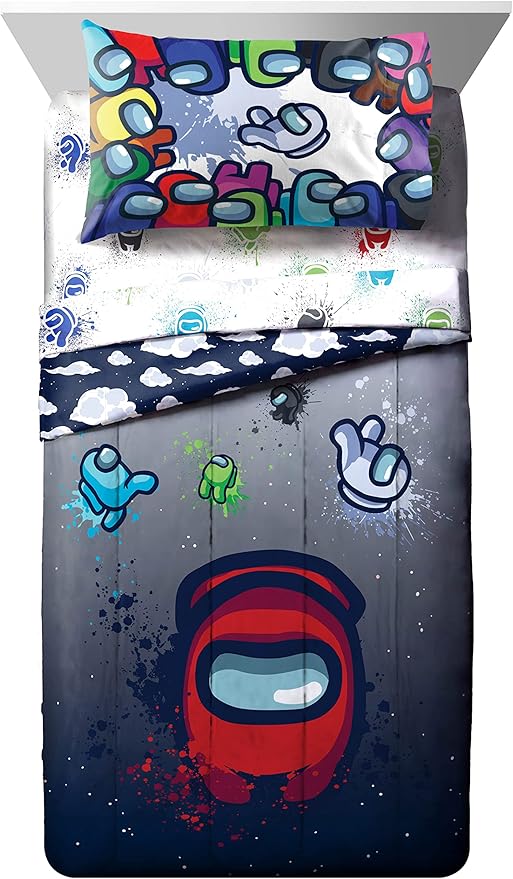 Jay Franco Among Us Space Splatter 5 Piece Full Size Bed Set - Includes Comforter & Sheet Set - Super Soft Fade Resistant Microfiber (Official Among Us Product)