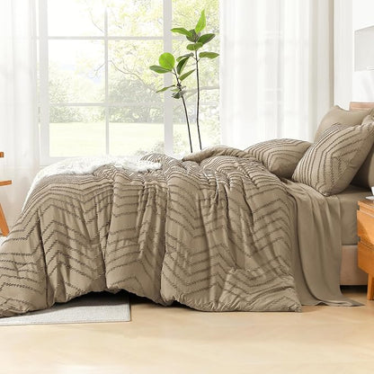Litanika Oversized King Size Comforter Set with Sheets Taupe - 7 Pieces Bed in a Bag Oversized King Boho Tufted Complete Bedding Sets with Comforter, Sheets, Pillowcases & Shams
