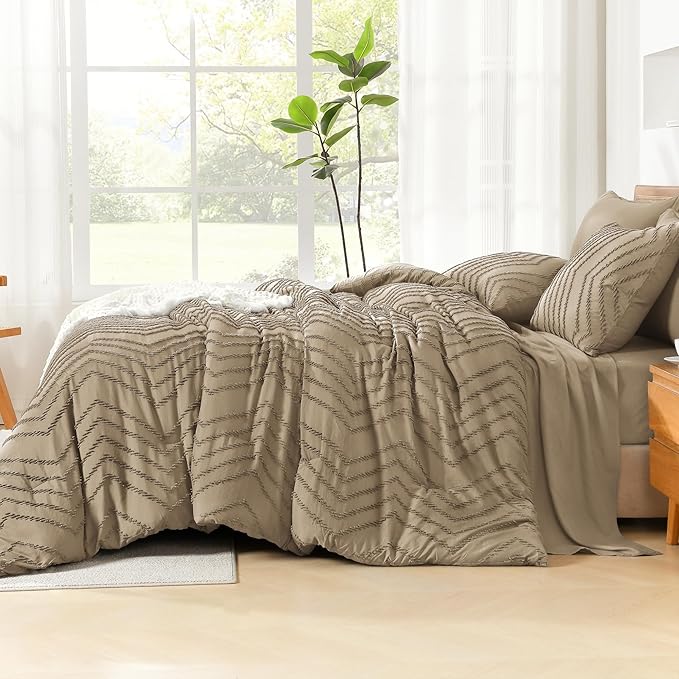 Litanika Taupe Comforter Set King Size with Sheets - 7 Pieces King Bed in a Bag Boho Tufted Complete Bedding Sets with Comforter, Sheets, Pillowcases & Shams