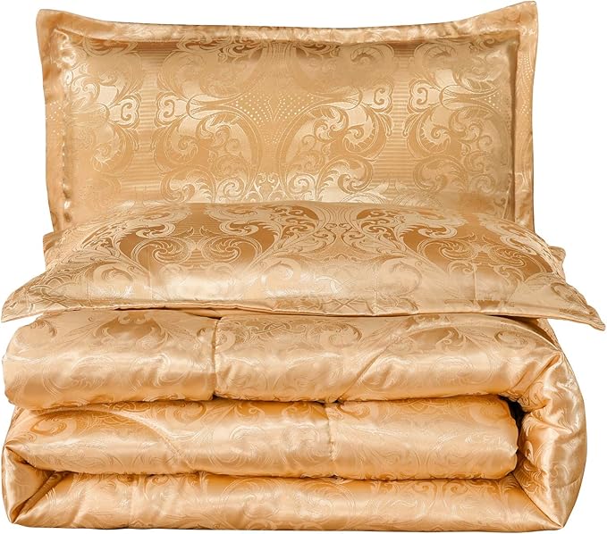 King Size Comforter Set All Season Gold Bedding Comforter Sets Silk Jacquard Bed Set Lightweight Quilt 3pcs Soft Bedding Sets Matching 2 Pillow Shams (King,104-by-90 inches)