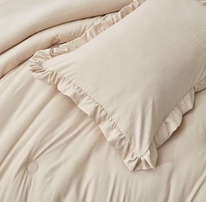 Chezmoi Collection Nora Light Sand Comforter Set King Size 3-Piece Fluffy Soft Stone-Washed Ruffled Shabby Chic Bedding for All Season