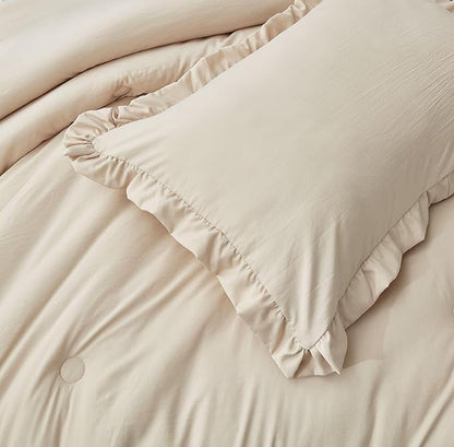 Chezmoi Collection Nora Light Sand Comforter Set Twin Size 2-Piece Lightweight Soft Stone-Washed Ruffled Shabby Chic Bedding for All Season