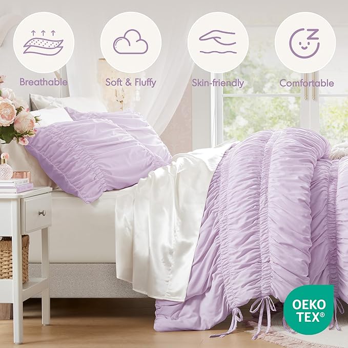 Intelligent Design Queen Comforter Set Ruched Shabby Chic Comforters for Queen Size Bed, All Season Lightweight Purple Ruffle French Country Bedding Set, Shams, Ella, Full/Queen, Lavender 3 Piece