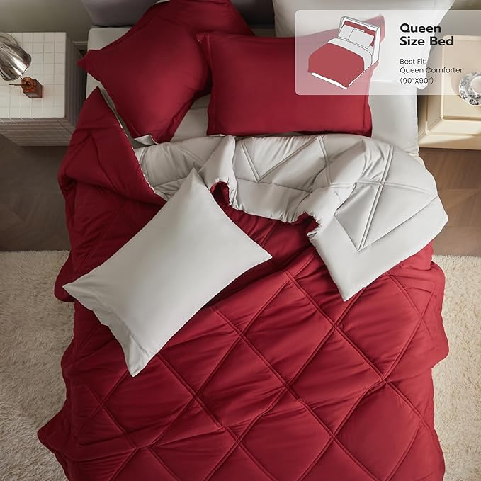 Joiedomi Queen Comforter Set with Sheets Red, 7 Pieces Queen Bed Set with 1 Down Alternative Comforter, 1 Flat Sheet, 1 Fitted Sheet, 2 Pillowcases and 2 Pillow Shams, Bed in a Bag for All Seasons