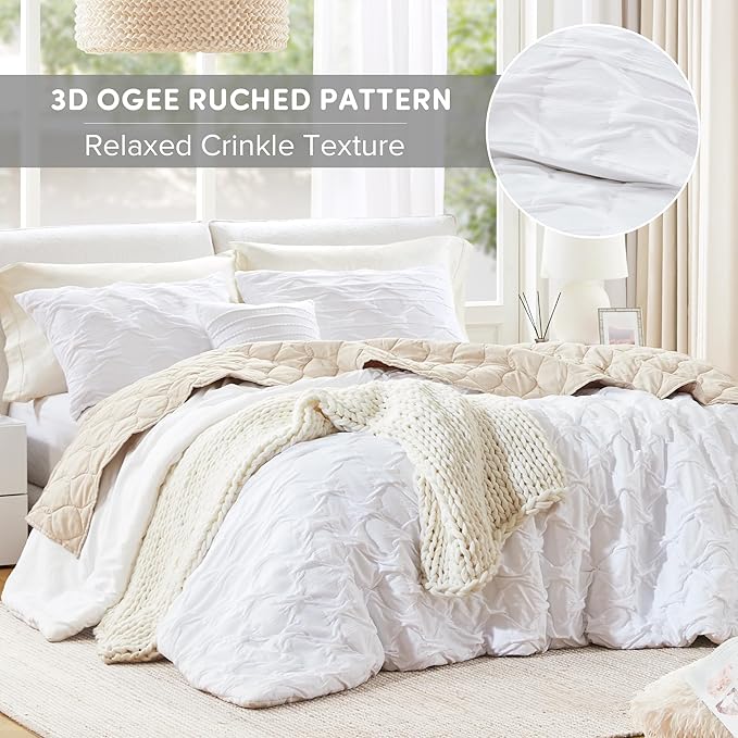 Comfort Spaces Twin/Twin XL Comforter Set for College Ogee Ruched Crinkle Texture Breathable Comforter Set Twin Dorm All Season Lightweight Bedding Set Shabby Chic Décor Pilow White 3 Piece